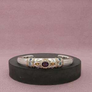 Michelle Albala Sterling Silver Gold Accent Amethyst Topaz Cuff Bracelet 6.75in